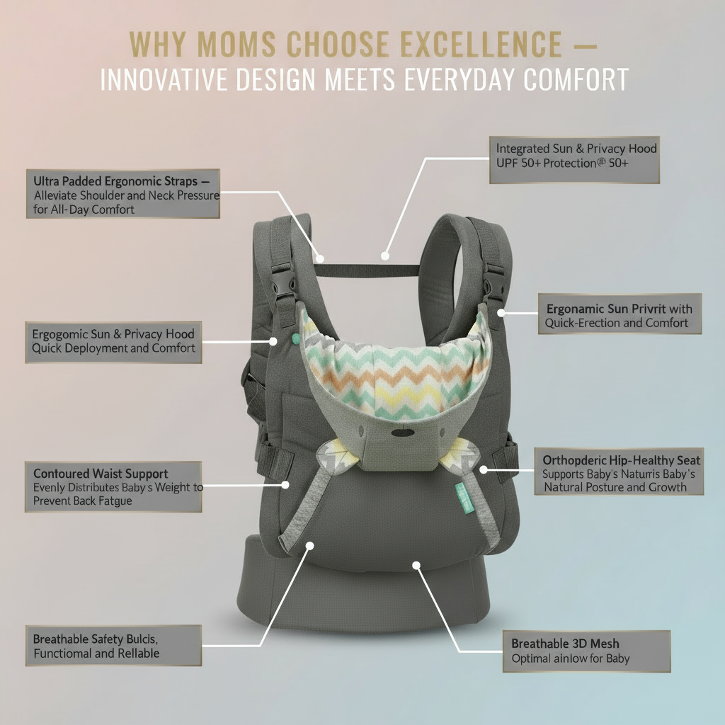 Baby carrier with features highlighted on a dark background