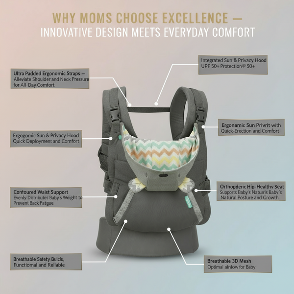 Baby carrier with features highlighted on a dark background